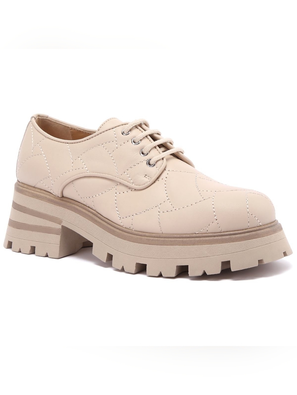 Chunky Quilted Lace-Up Platform Oxfords in Beige